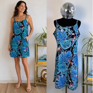 Vintage Hilo Hattie Hawaiian Mini Dress Blue Monstera Tropical Print Size 16